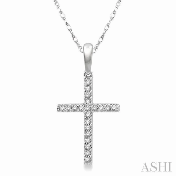 Party Jewelry 1/10 Ctw Cross Charm Round Cut Diamond Fashion Petite Pendant in 10K White Gold with chain