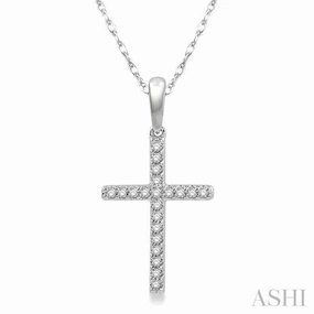Party Jewelry 1/10 Ctw Cross Charm Round Cut Diamond Fashion Petite Pendant in 10K White Gold with chain