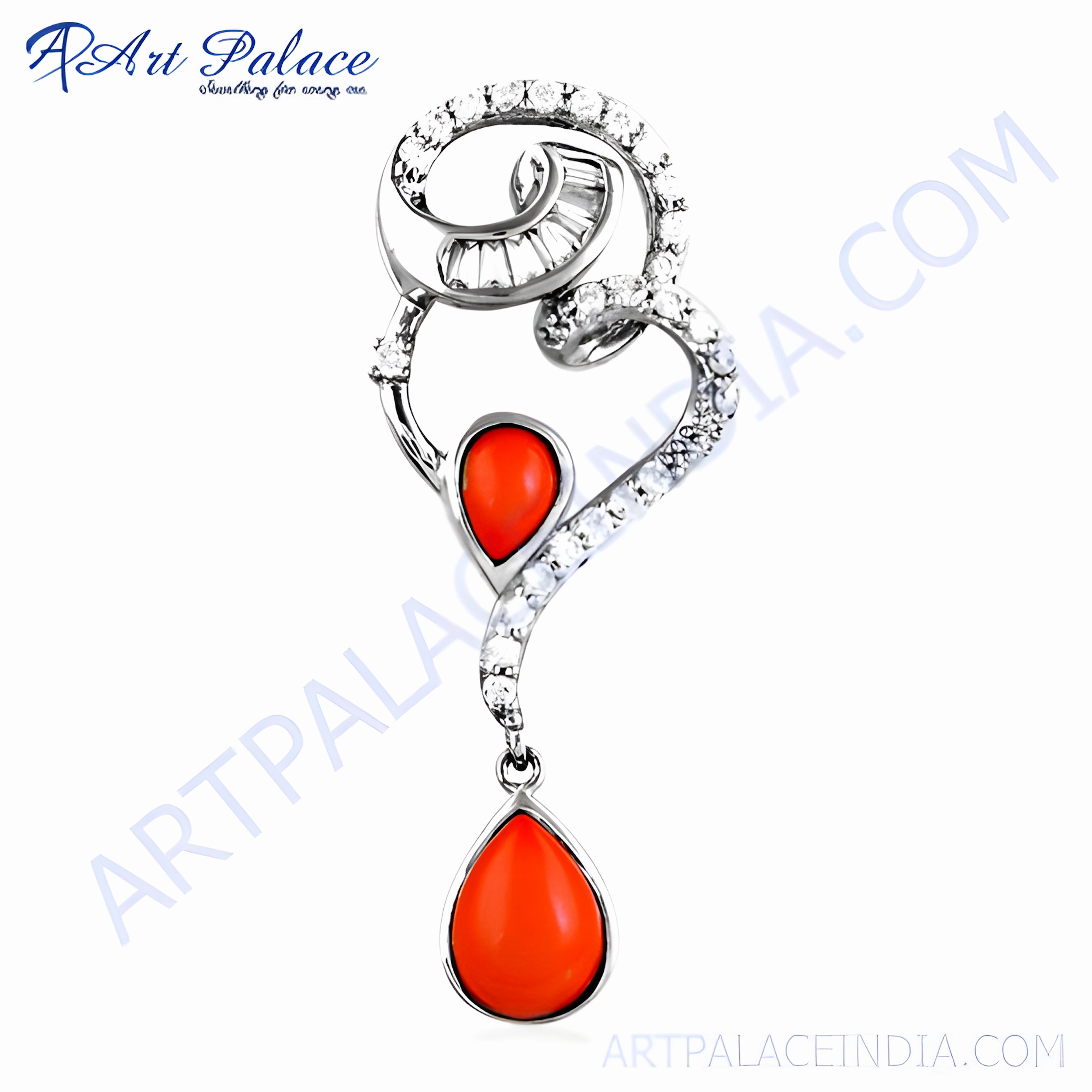Unique Feminine Coral CZ Gemstone Silver Pendant - Elegant Jewelry Design Magnificent Design Leisure Wear