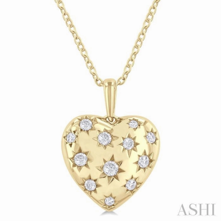 Timeless Item Summer Style 1/6 Ctw Bold Star Engraved Puffed Heart Round Cut Diamond Fashion Pendant With Chain in 10K Yellow Gold