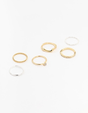 Distinctive Detail Rich Detailing Mixed Metals Molten & Diamante Rings 6-Pack