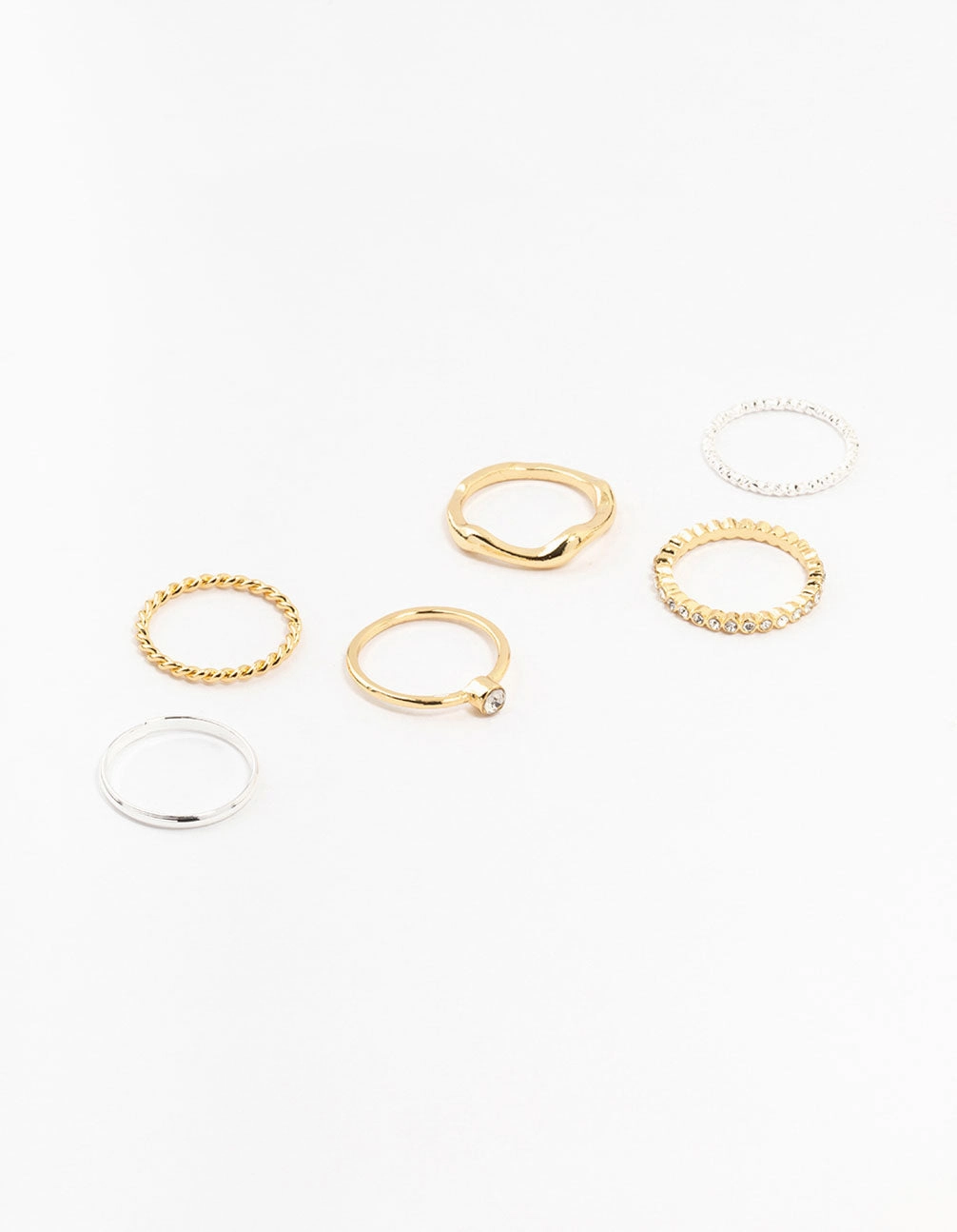 Distinctive Detail Rich Detailing Mixed Metals Molten & Diamante Rings 6-Pack