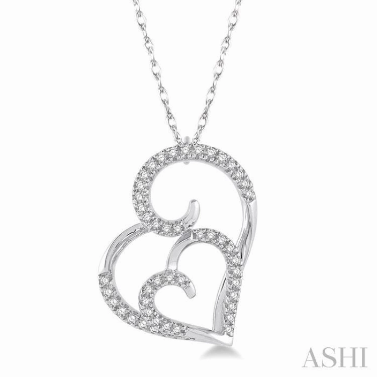 Durable piece One Of A Kind Item 1/6 Ctw Double Heart Round Cut Diamond Pendant With Link Chain in 10K White Gold