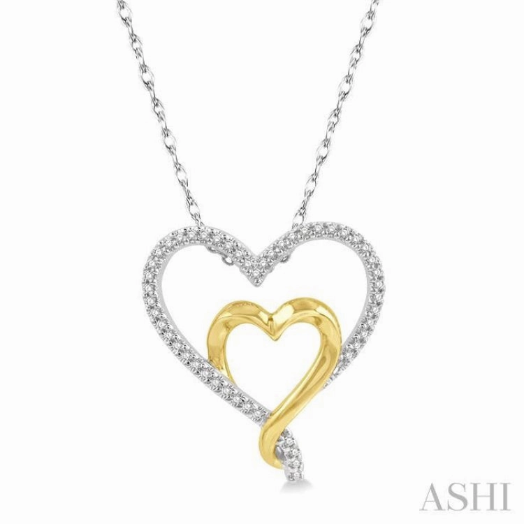 Elegant Party 1/6 Ctw Two Tone Twin Heart Round Cut Diamond Pendant With Chain in 10K White and Yellow Gold