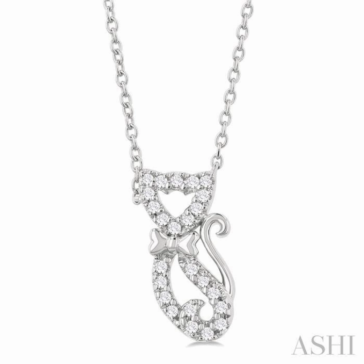 Pretty Jewelry Festival Accessory 1/10 Ctw Cat Shape Petite Single Cut Diamond Fashion Pendant With Chain in 10K White Gold
