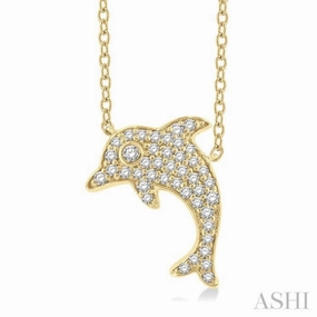 Relaxed Fit 1/6 Ctw Sea Life Petite Dolphin Round Cut Diamond Fashion Pendant With Chain in 10K Yellow Gold