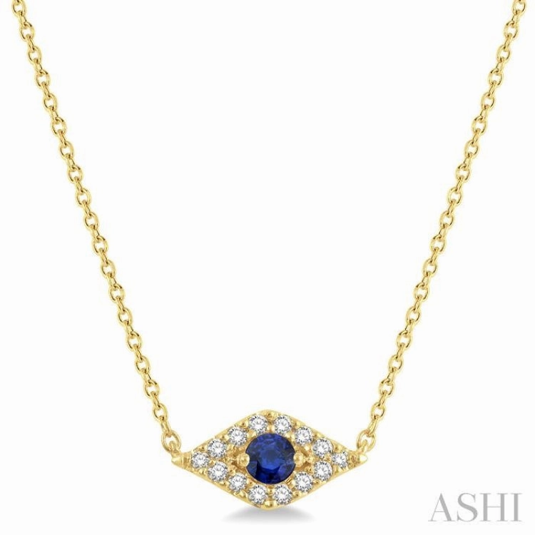 Minimal Highlight Effortless Elegance 2.60 MM Round Cut Sapphire and 1/10 Ctw Evil Eye Round Cut Diamond Precious Petite Fashion Pendant With Chain in 10K Yellow Gold