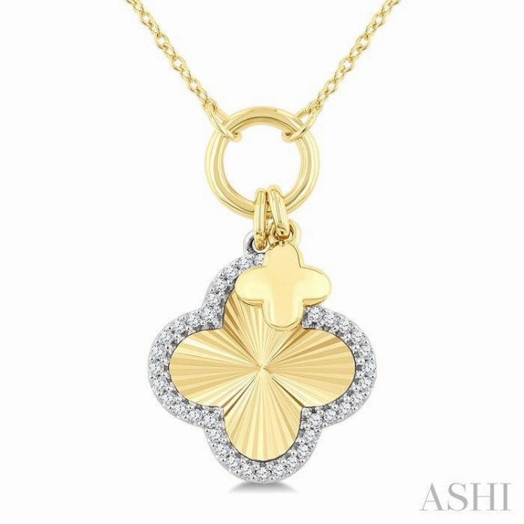 1/6 Ctw Clover Charm Fluted Round Cut Diamond Fashion Pendant With Chain in 10K Yellow and White Gold Exclusive Adornment Gorgeous Jewelry