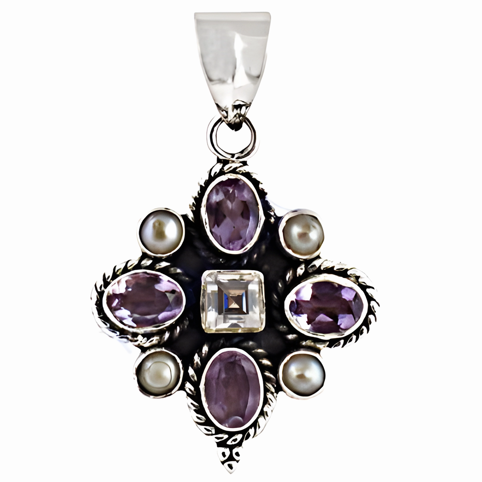 Great Present Stylish Ornament Vintage Amethyst Cubic Zirconia Pearl Silver Pendant - Antique Jewelry