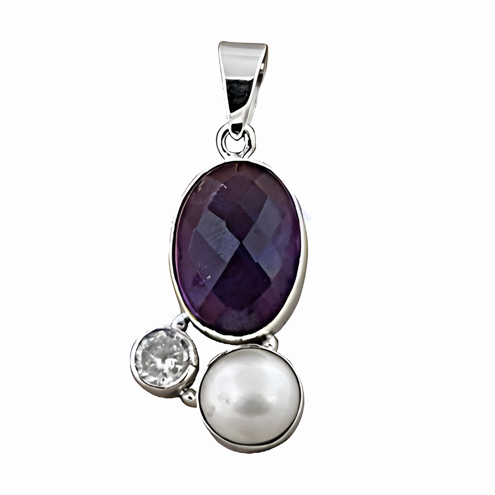 Handmade Amethyst, Pearl & CZ Silver Gemstone Pendant - Unique Jewelry Gift Graceful Ornament For Son