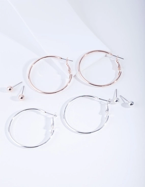 Mixed Metal Stud Hoop Earring 4-Pack Evening Feature Feminine Accent