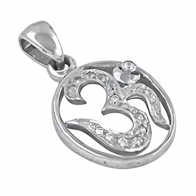 Hindu Religious Om Silver Pendant with Cubic Zirconia - Spiritual Jewelry Inspiring Gift