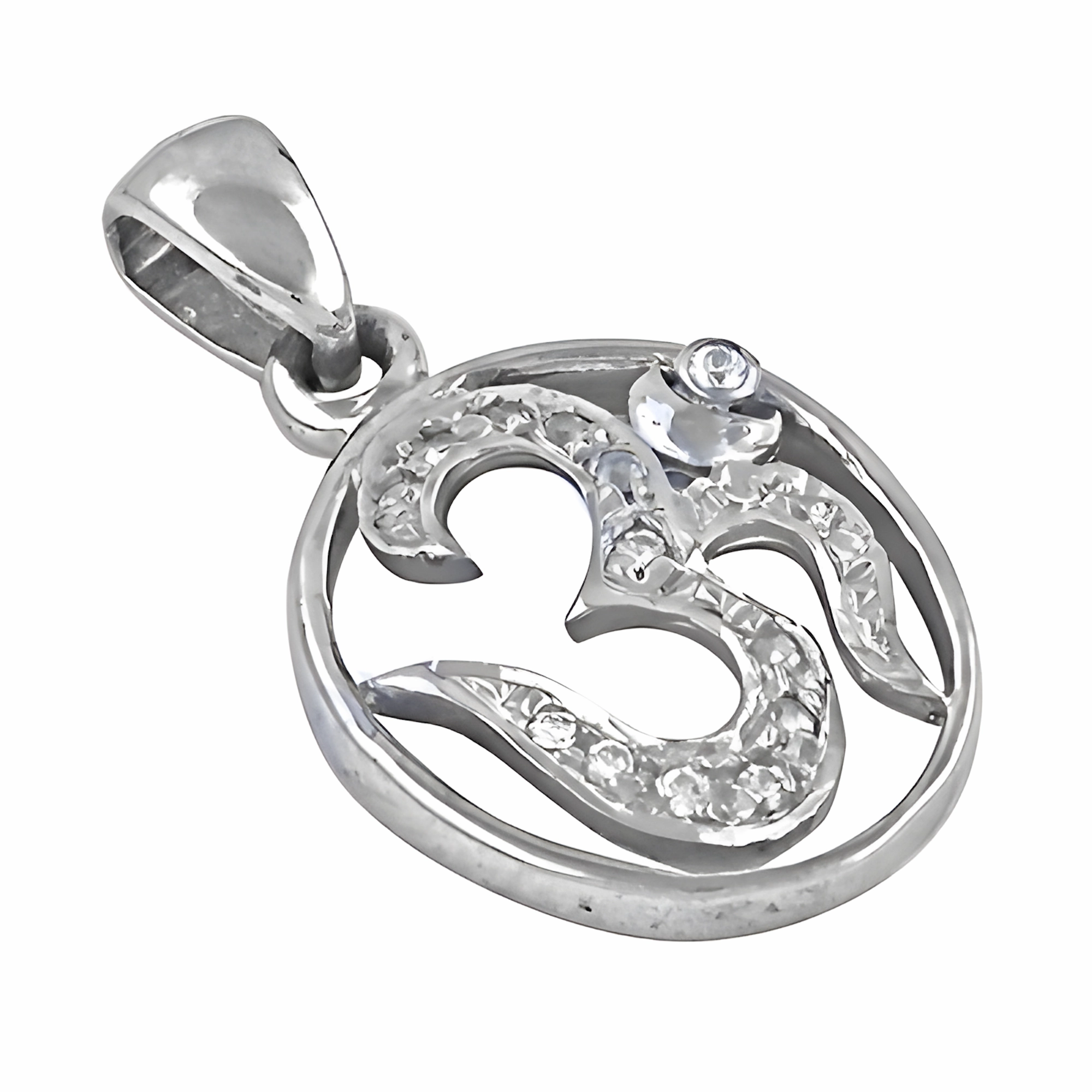 Hindu Religious Om Silver Pendant with Cubic Zirconia - Spiritual Jewelry Inspiring Gift
