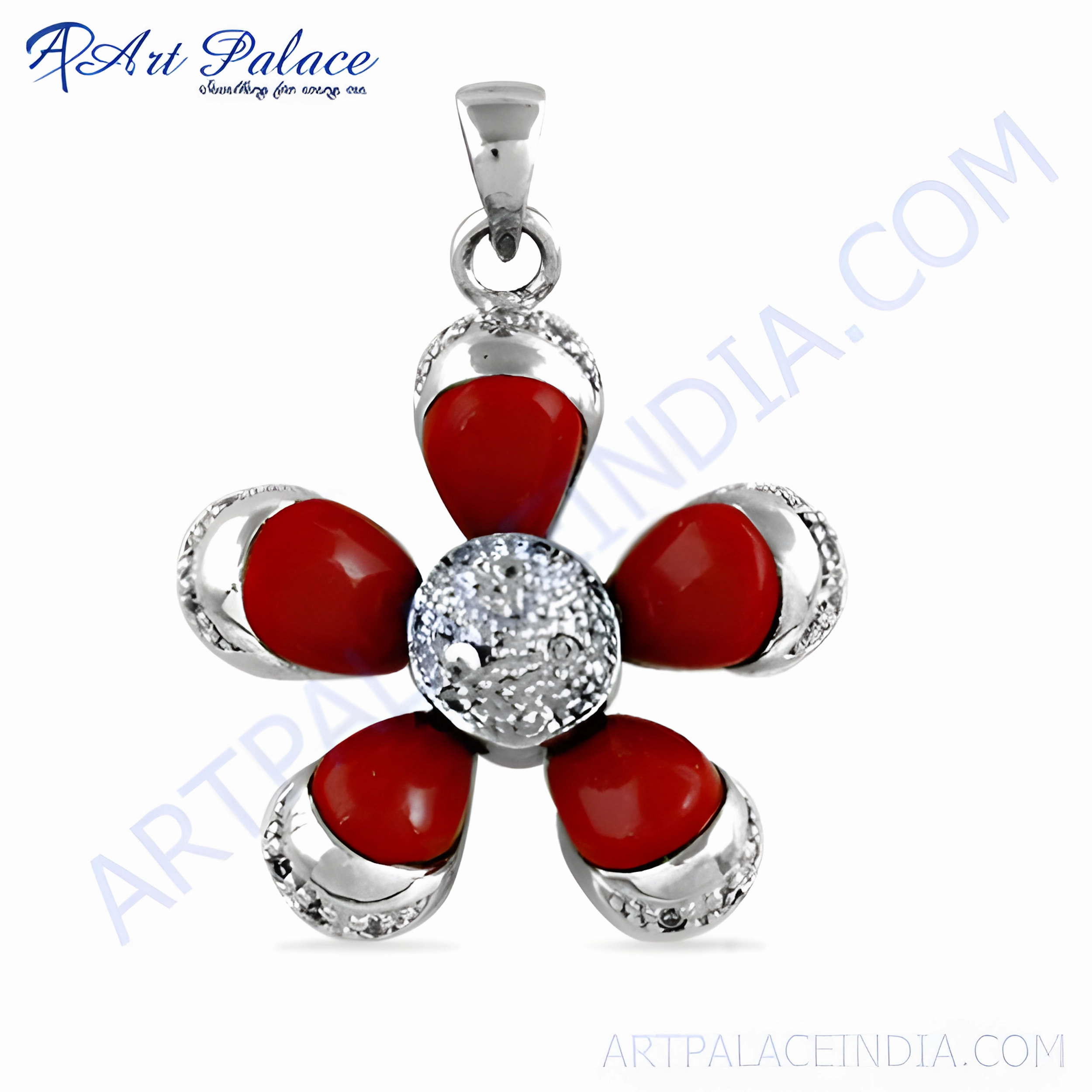 Machine Made Adornment Budget-Friendly Gift 925 Silver Flower Style Gemstone Pendant with Cubic Zirconia and Synthetic Coral