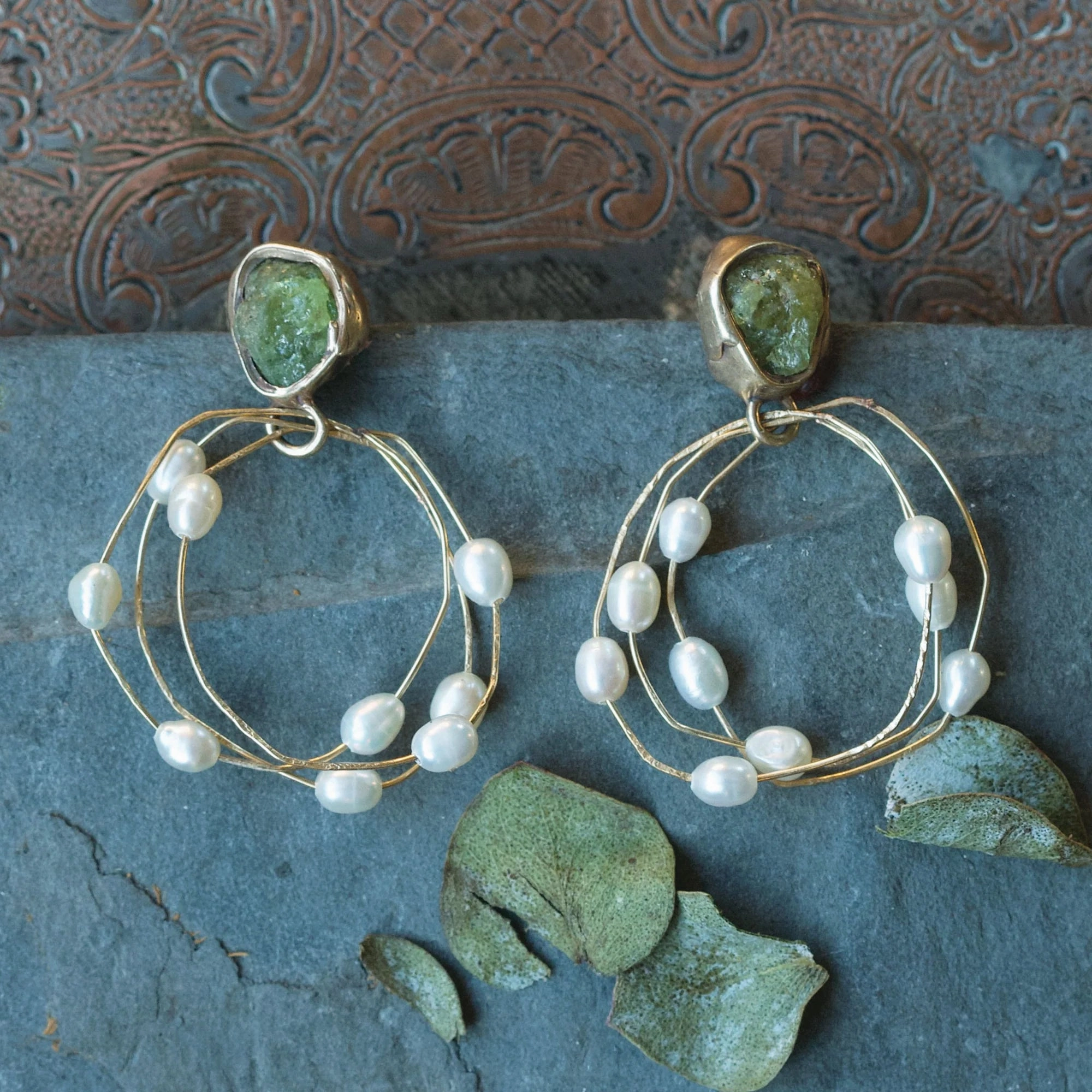 Vintage Mood Minimalist Accent Water Lily Hoops - Brass, Sterling Silver, Green Garnet   Pearl