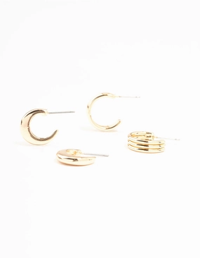 Gold Ribbed & Plain Hoop Earrings 2-Pack Modern pieces
