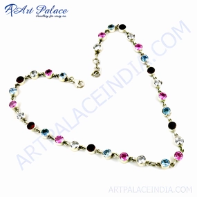 Colorful CZ Silver Necklace with Blue Topaz, Garnet, and Pink White Cubic Zirconia Gemstones Graceful Feature