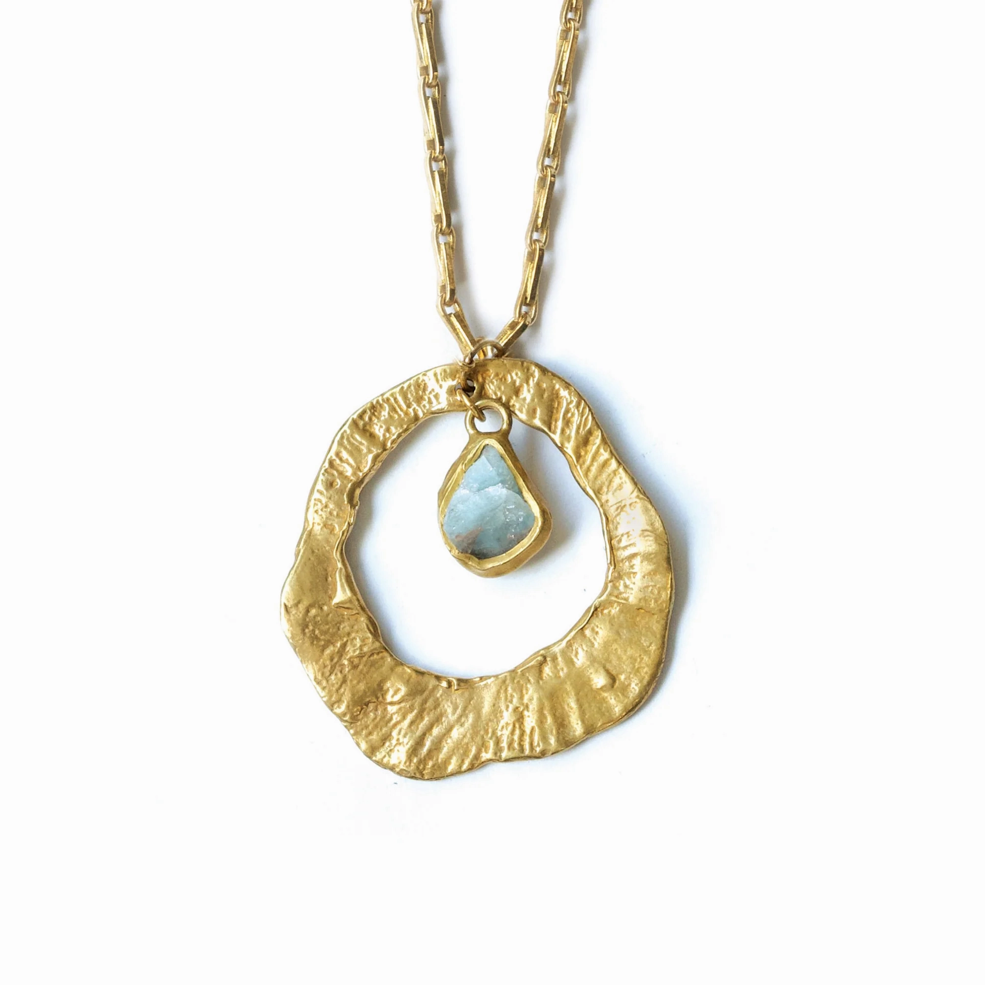 Exclusive Treasures Whirlpool Long Chain  Solo Pendant - Brass   Aquamarine