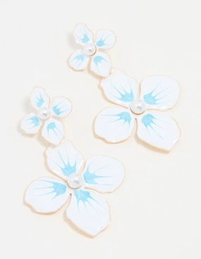White & Blue Coated Metal Flower Drop Earrings Luxury Detail