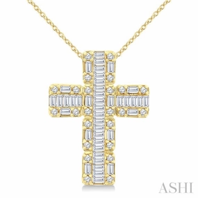 1 Ctw Fusion Baguette and Round Cut Diamond Cross Fashion Pendant With Chain in 14K Yellow Gold Weekend Present Fashion Edge