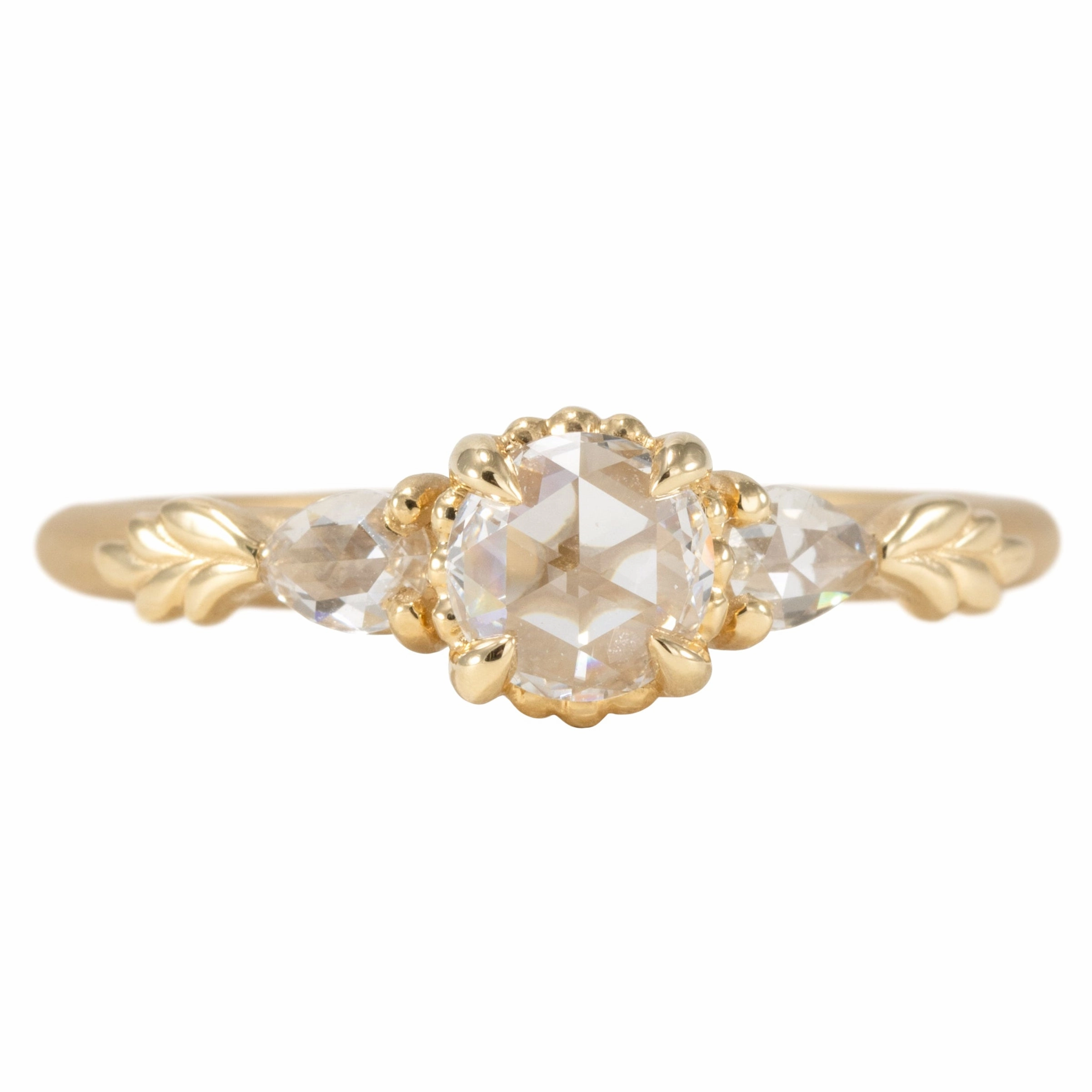 Bright Touch Wood Nymph Ivy Engagement - 18K Yellow Gold , .32 ctw Rose Cut Round Diamond   Rose Cut Pear diamonds (.2 ctw)