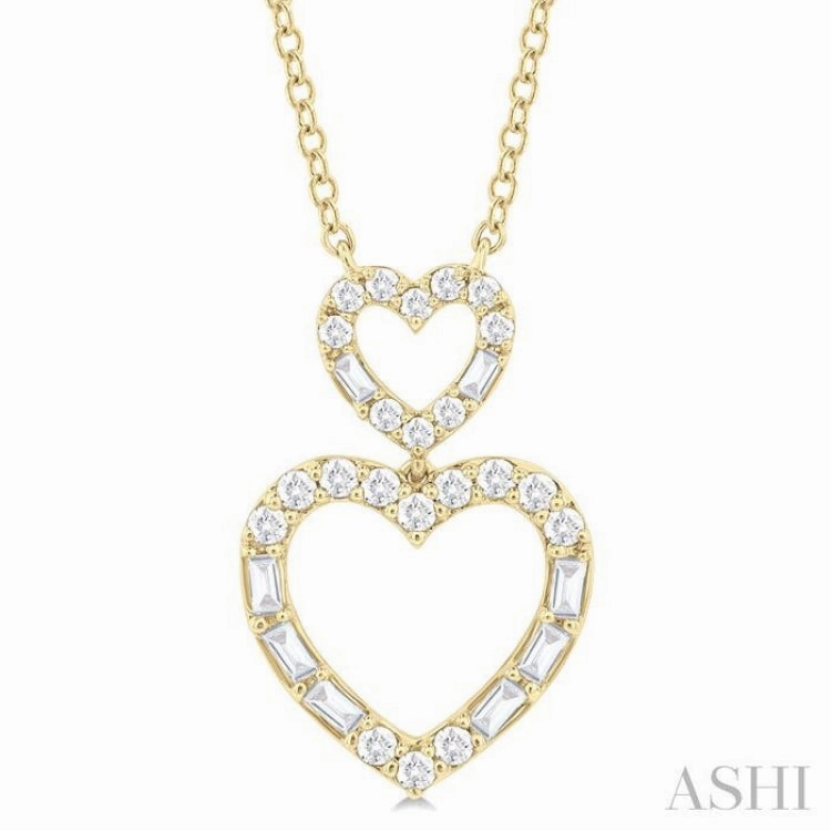 Timeless Jewelry Luxury Adornment 1/3 Ctw Twin Heart Fusion Baguette and Round Cut Diamond Pendant With Chain in 10K Yellow Gold