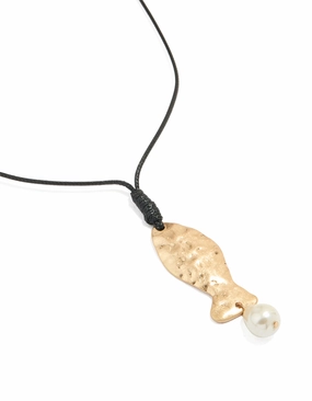 Worn Gold Textured Fish Pearl Cord Necklace Allure Accent